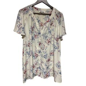 Rose + Olive White V-Neck Floral Flutter Sleeve Conceal Button Blouse Women's 2X
